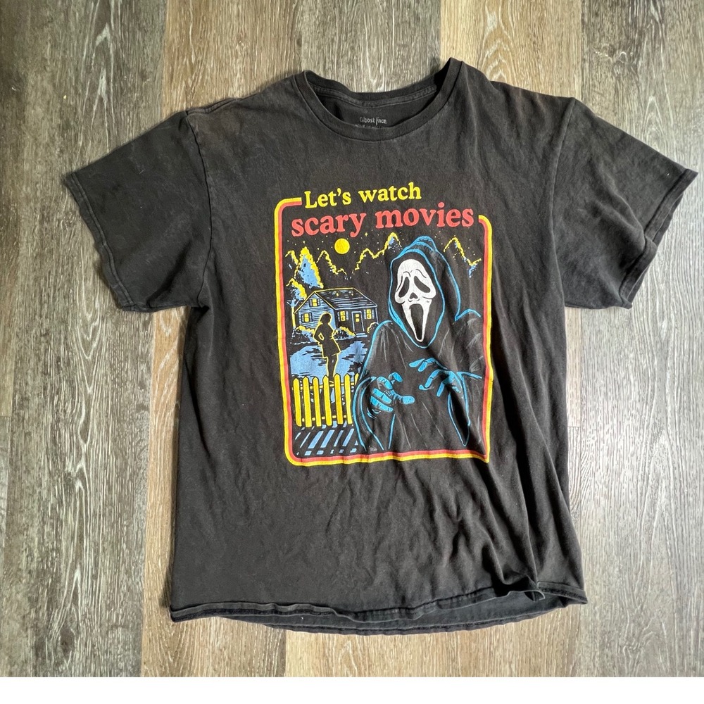 Ghost Face T-Shirt Mens Medium Black Let's Watch Scary Movies Scream Graphic Tee